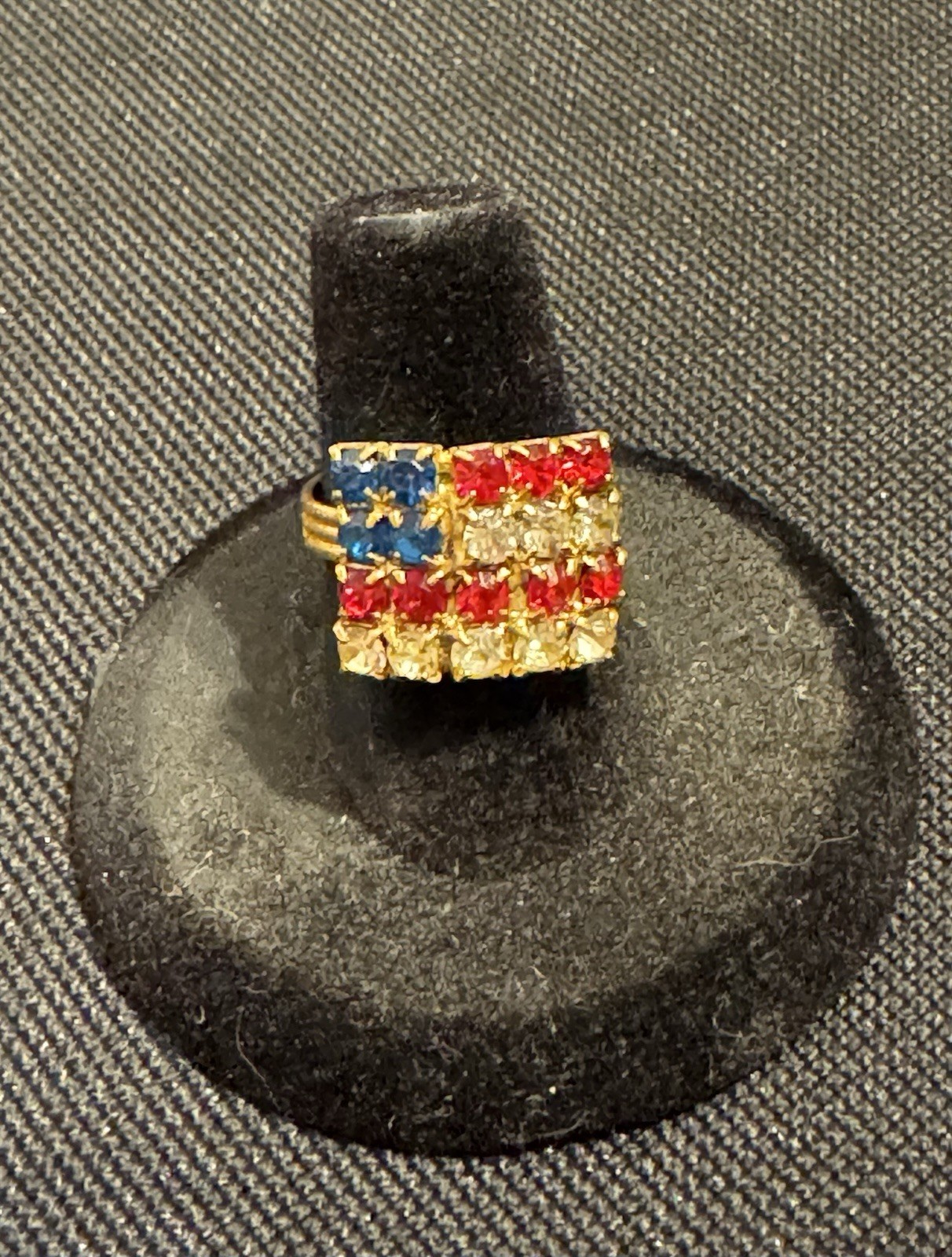 Adjustable Costume Red White and Blue Rhinestone Ring In a Flag Design