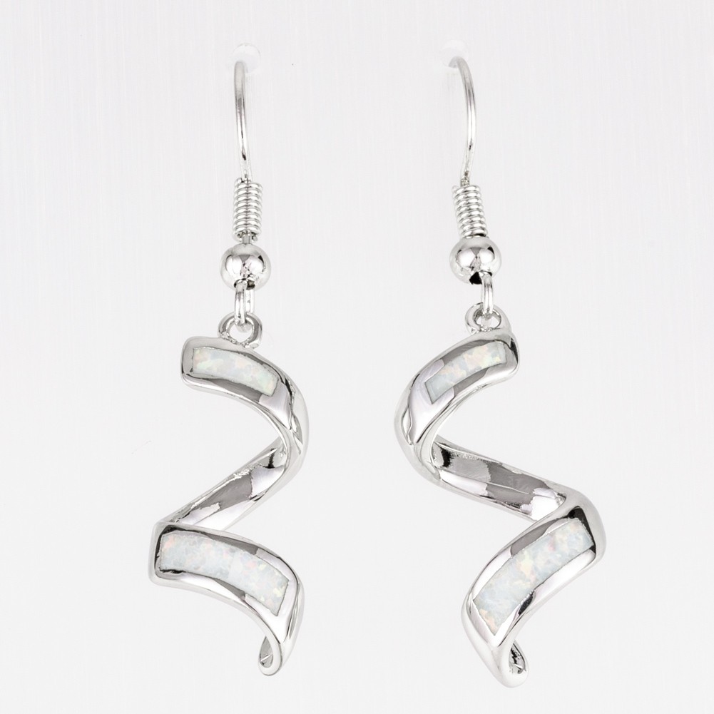 Twist Spiral White Fire Opal Silver Jewelry Dangle Drop Earrings