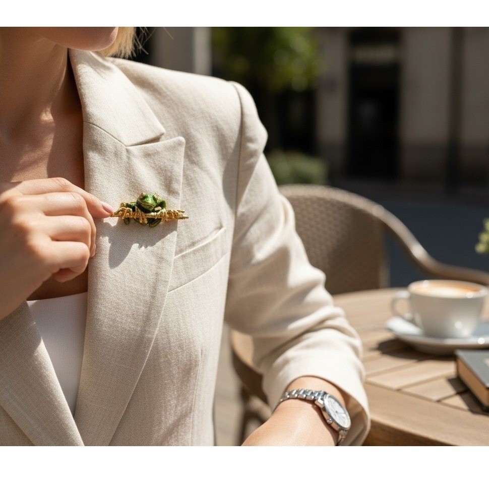 Vintage Kenneth Jay Lane KJL Green Enamel Frog on Branch Brooch Gold Tone Pin 2″