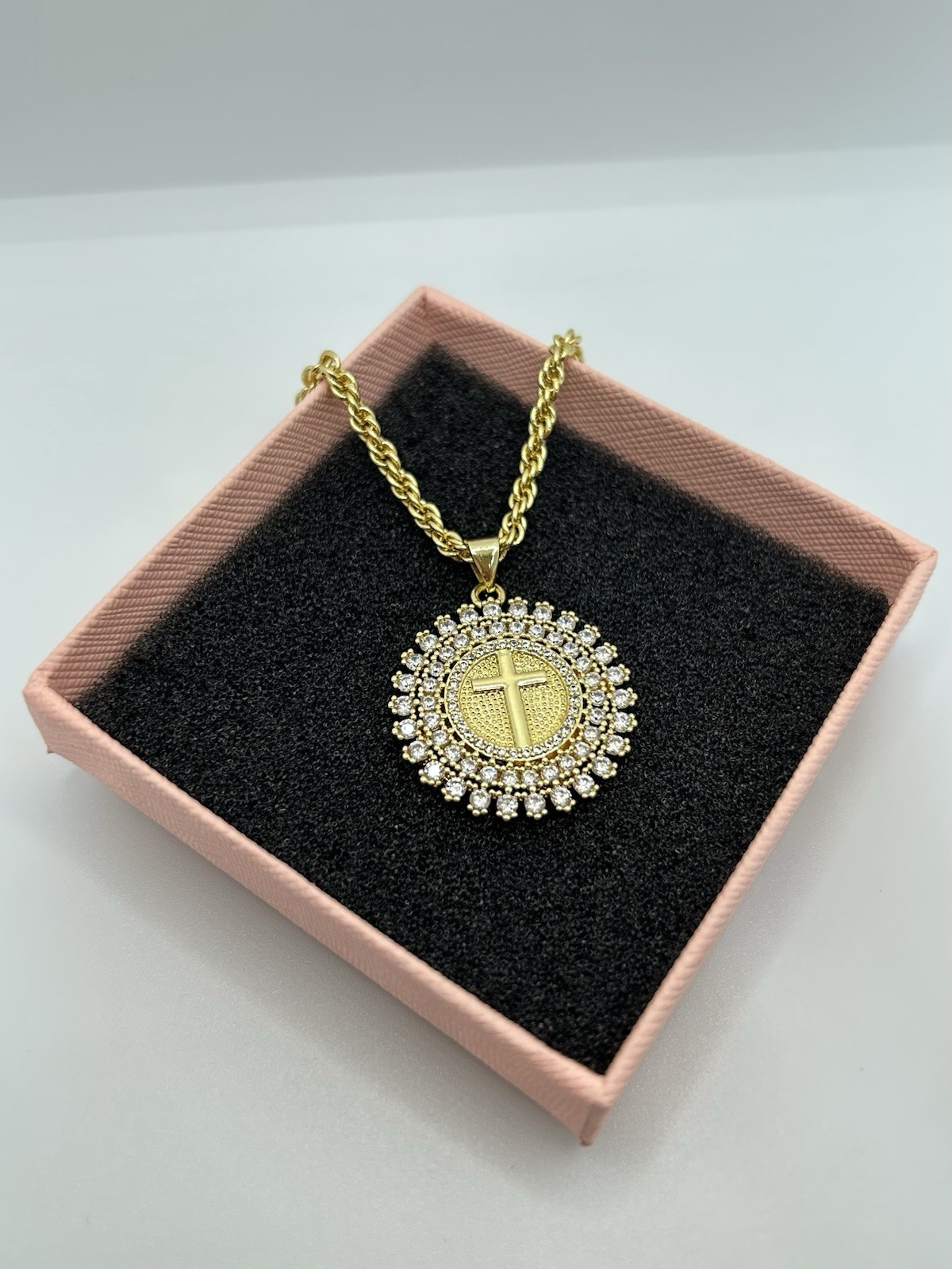 9ct GF Round Medallion Cross Pendant Necklace – 55cm (22”) 9K Gold Filled CZ