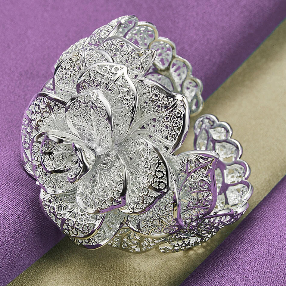 CHSHINE 925 Sterling Silver Big Flower Bangle Bracelet Ring Charm Jewelry Set