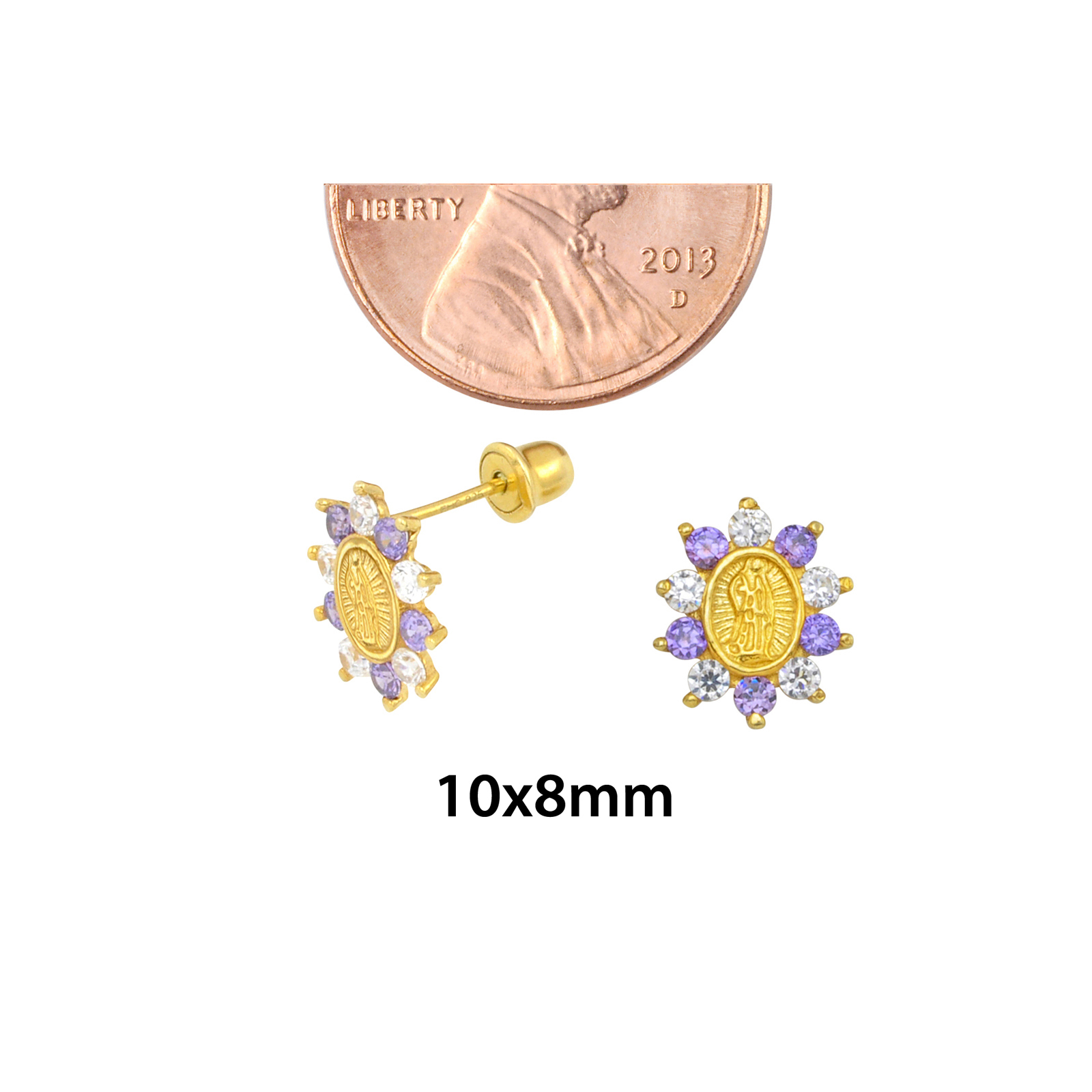 Sterling Silver Guadalupe Stud Earrings Purple Cubic Zirconia Gold Plated 10mm