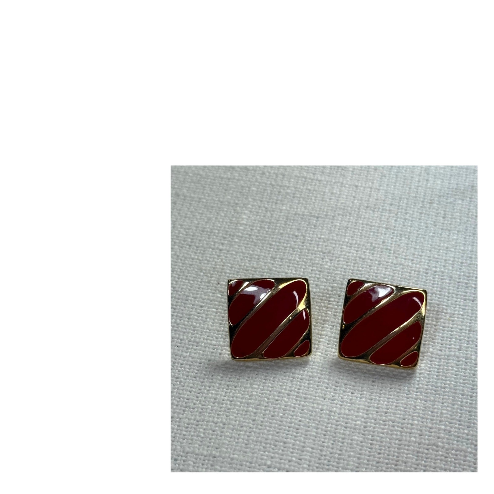 Vintage Red Enamel Square Earrings | Gold Tone Studs | No Maker Mark