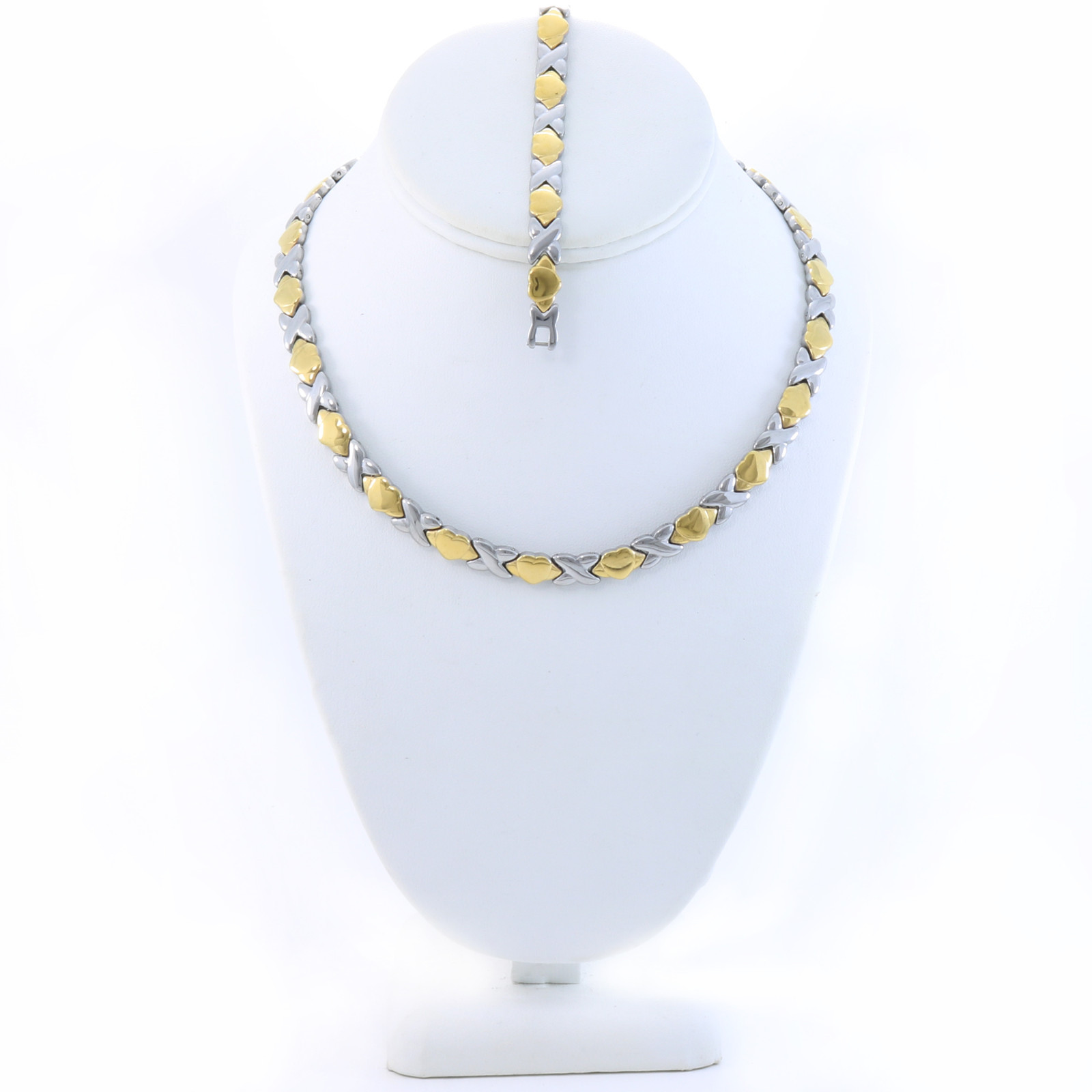 Hugs and Kisses Necklace Bracelet Set Stampato Stainless Steel 2 Tone 20″