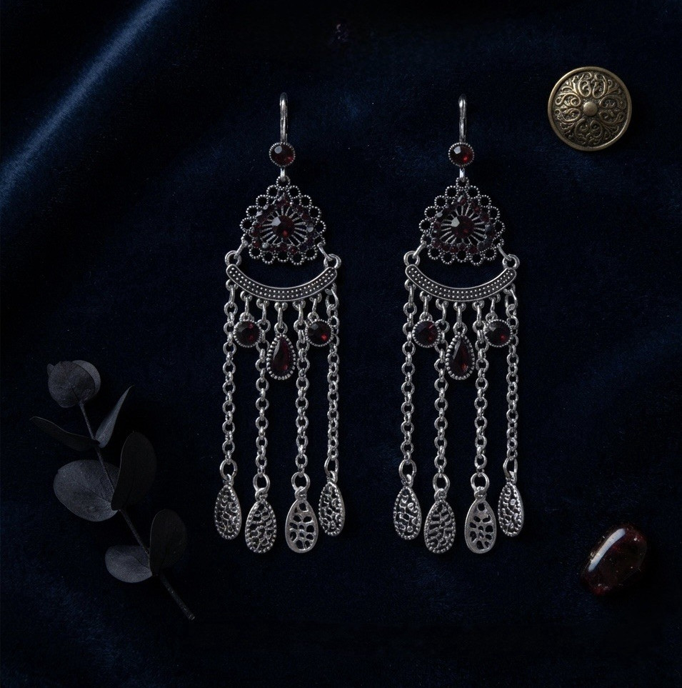 Silver Tone Filigree Chandelier Dangle Drop Hook Earrings Red Stone Accent