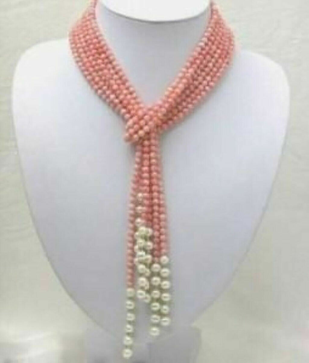 AAA 50 ” Beautiful 3 Strands Natural 4mm Pink Coral Freshwater Pearl Necklace