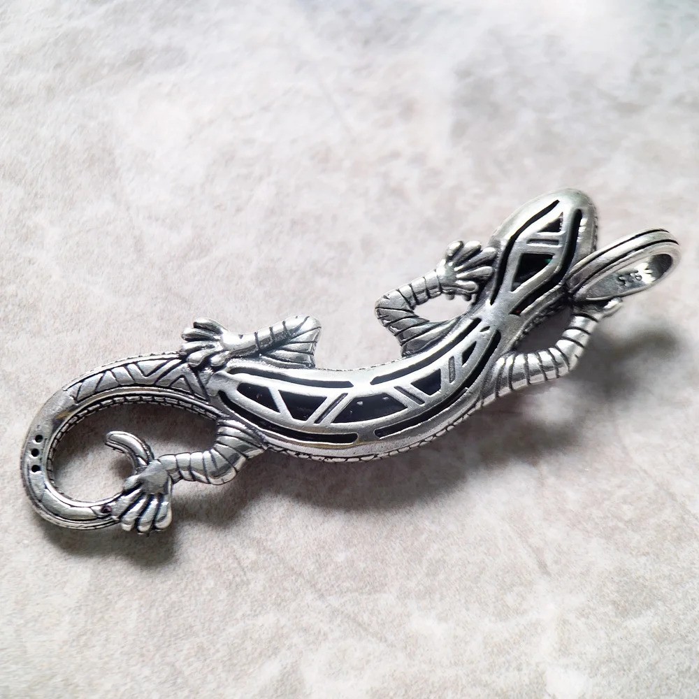 Lizard Multi Color CZ Turquoise Pendant 925 Sterling Silver 1.8 Inch Long