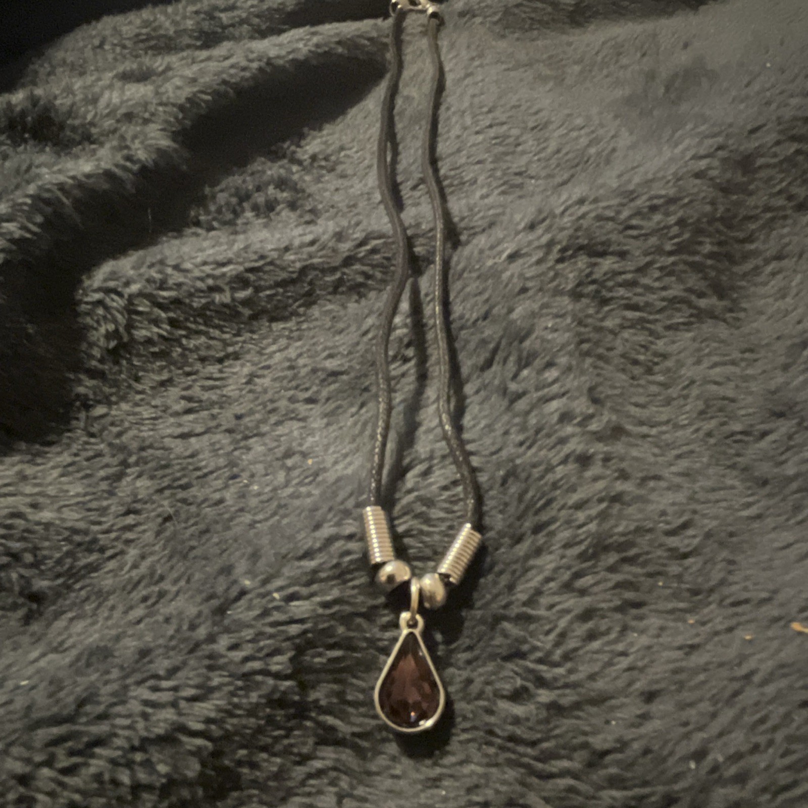 Purple Teardrop Crystal Bezel Set Charm Pendant Necklace Black Cord Silver Tone