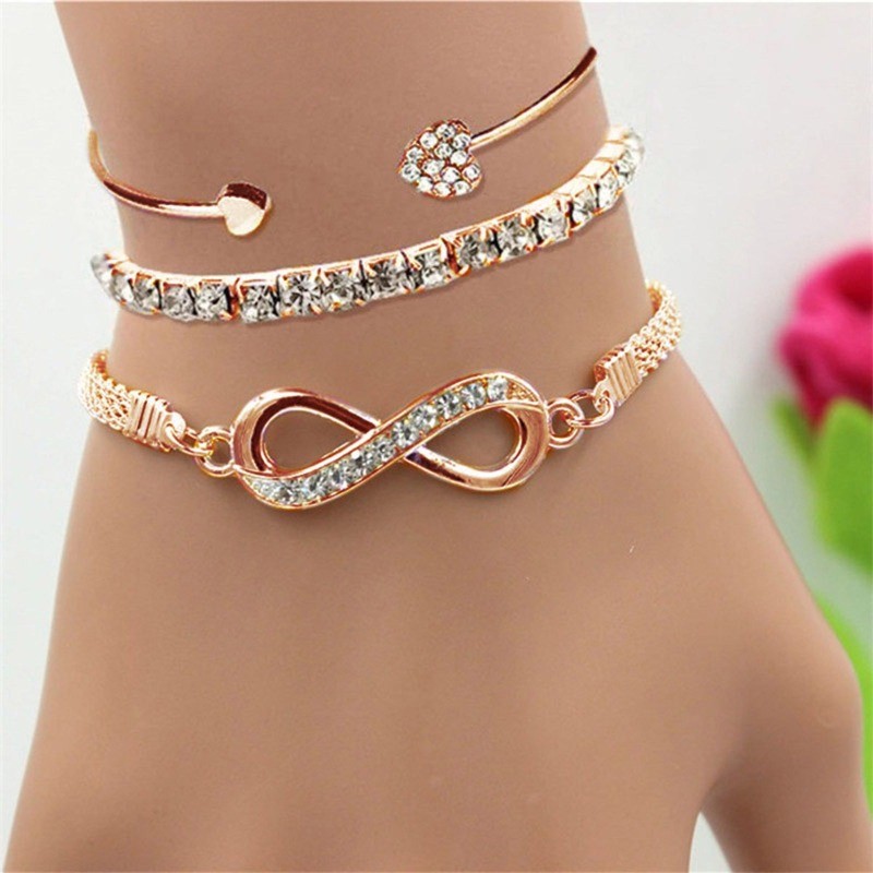 3Pcs/Set of Versatile Heart Open Bracelet Set with Zircon Alloy for Women