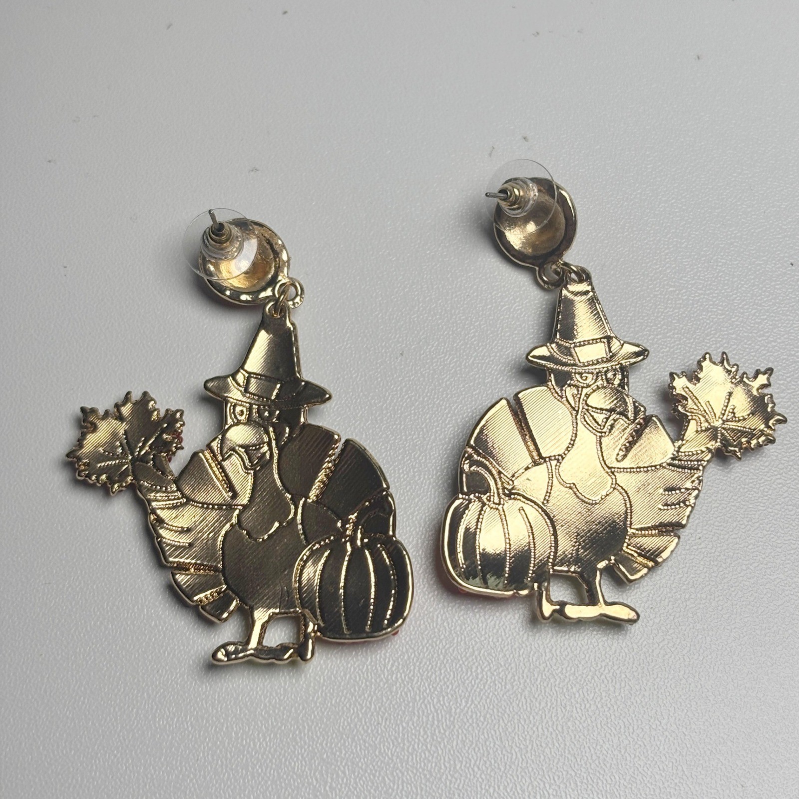 Beaded Thanksgiving Turkey Pilgrim Hat Pumpkin Maple Leaf Dangle Earrings Gold