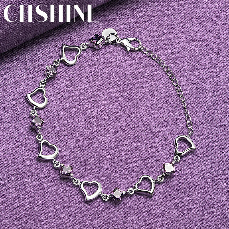 CHSHINE 925 Sterling Silver Heart Purple Zircon Chain Bracelet Charm Jewelry