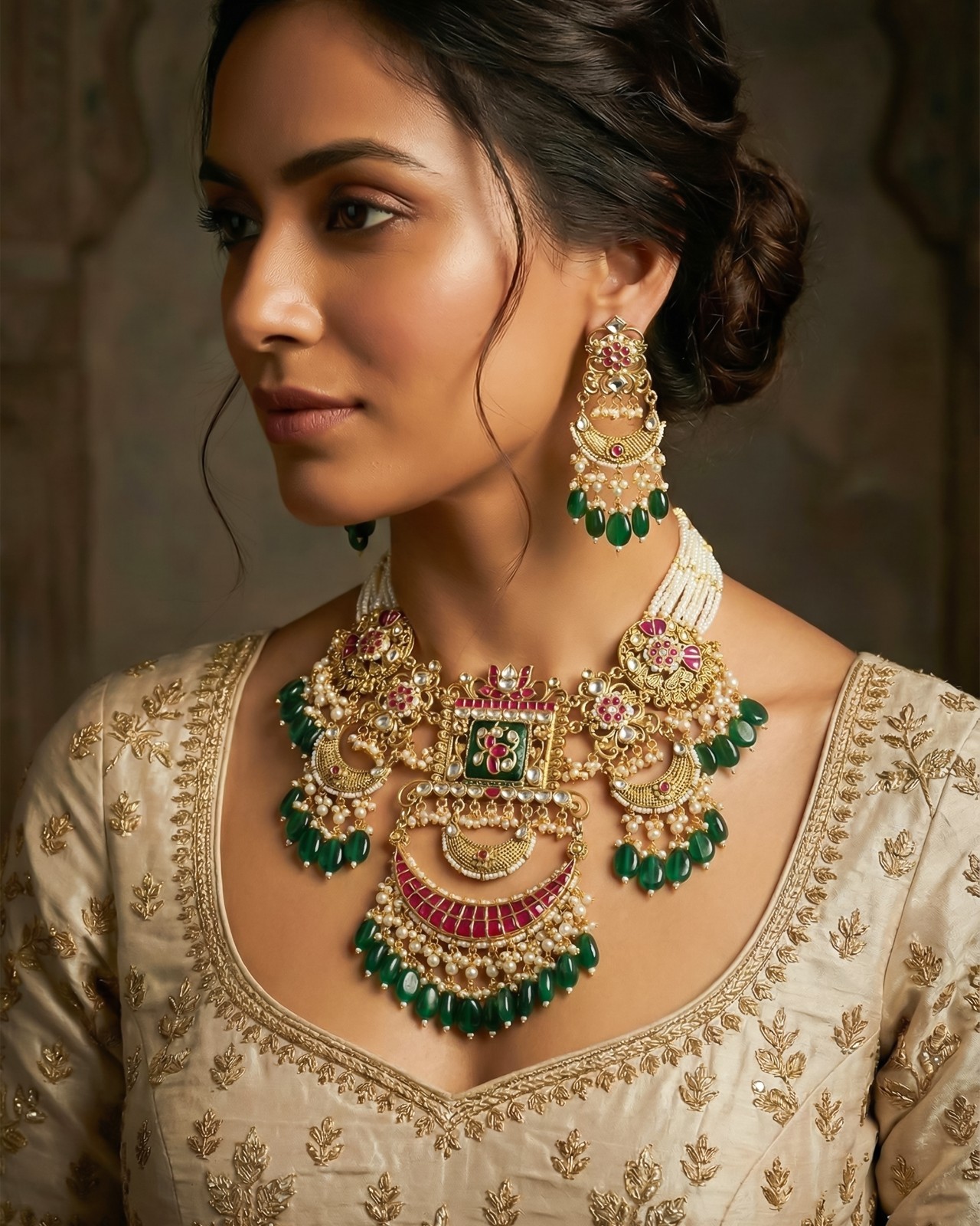 Temple Style Antique Gold Necklace Set, Pearl & Pink Green Beaded Bridal Jewelry