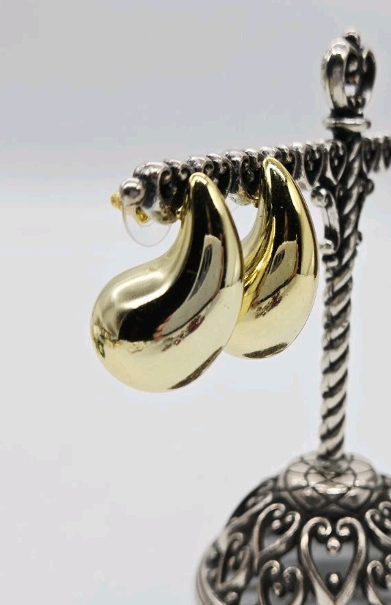 Teardrop Earrings Yellow Gold Plated Hollow Chunky Push Back Post 1.25 in