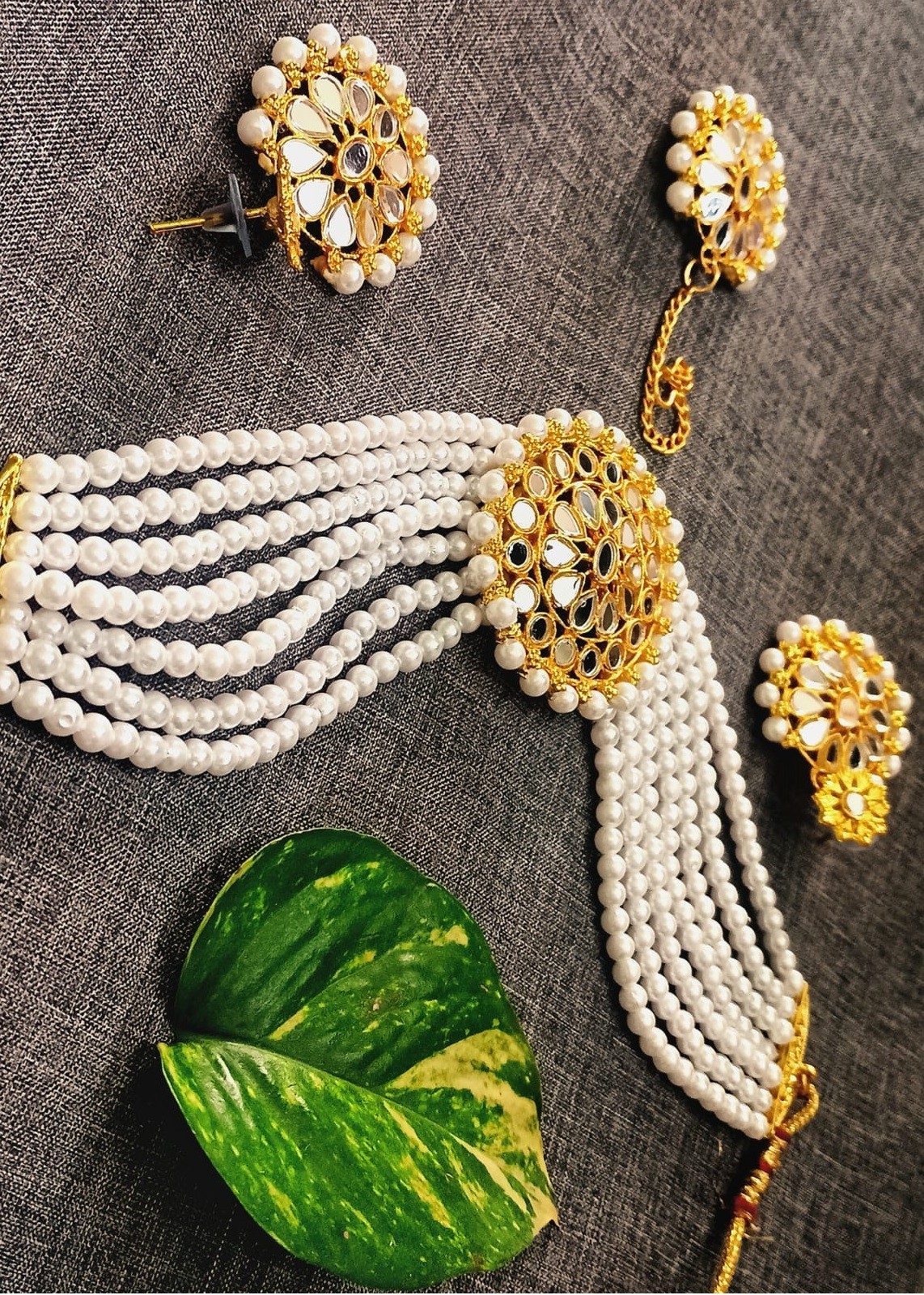 JAYWAR Pearl Mirror Work Choker Set Bridal Wedding Ethnic Jewelry with Tikka