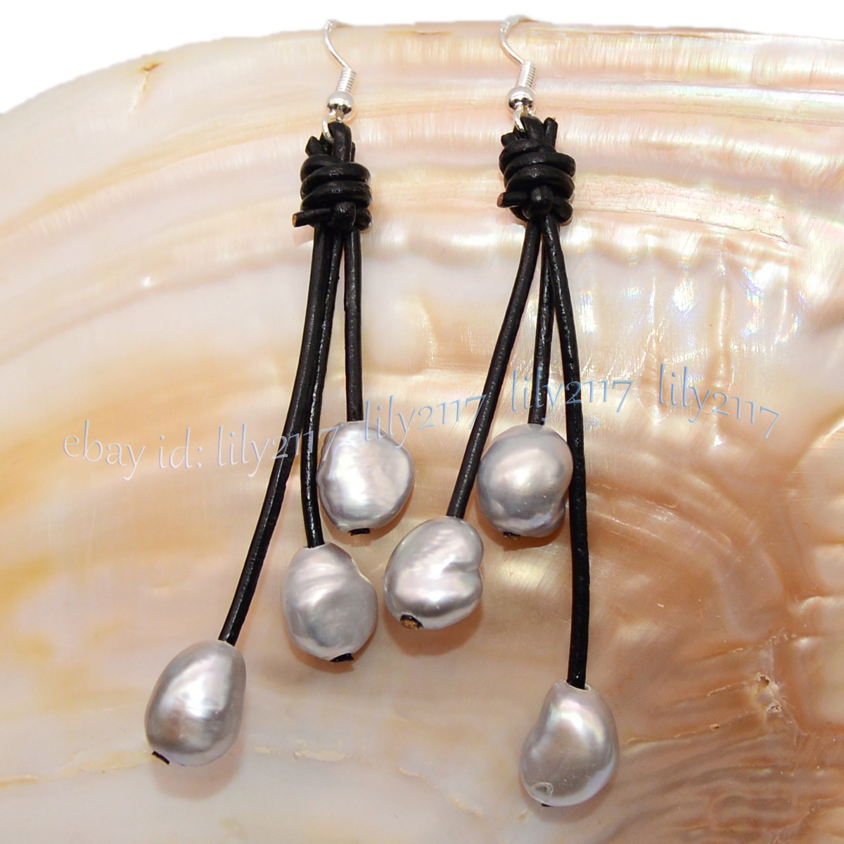 Natural Freshwater Baroque Pearl Black Leather Rope Dangle Hook Earrings 9-10mm