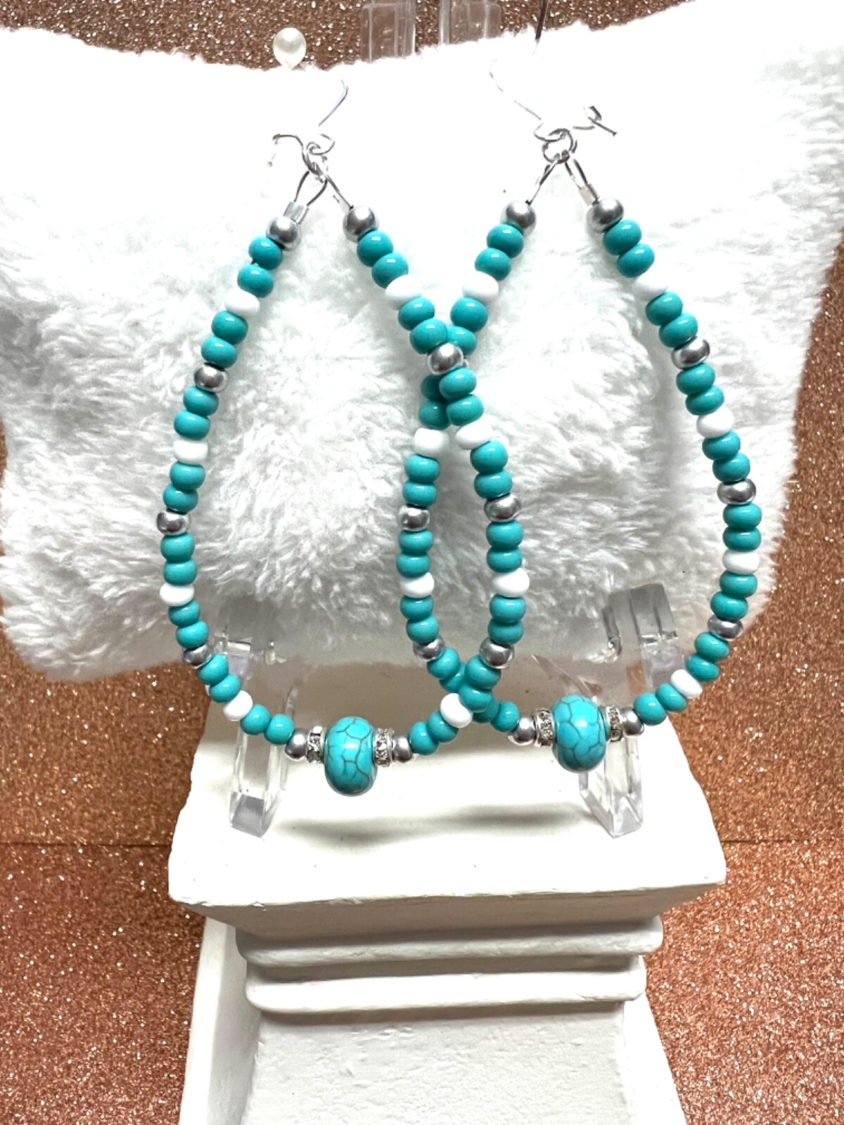 Silver Seed Bead Teardrop Sterling Earrings W Turquoise Roundelle Beads 3.5 In