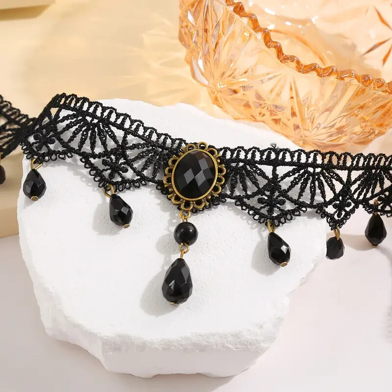 Black Lace Jewel Choker Necklace, Steampunk, Goth, Punk, Halloween, Trendy