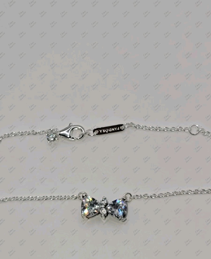 Authentic PANDORA Sparkling Bow Stud Earrings Necklace Gift Set B802516 W/ Box