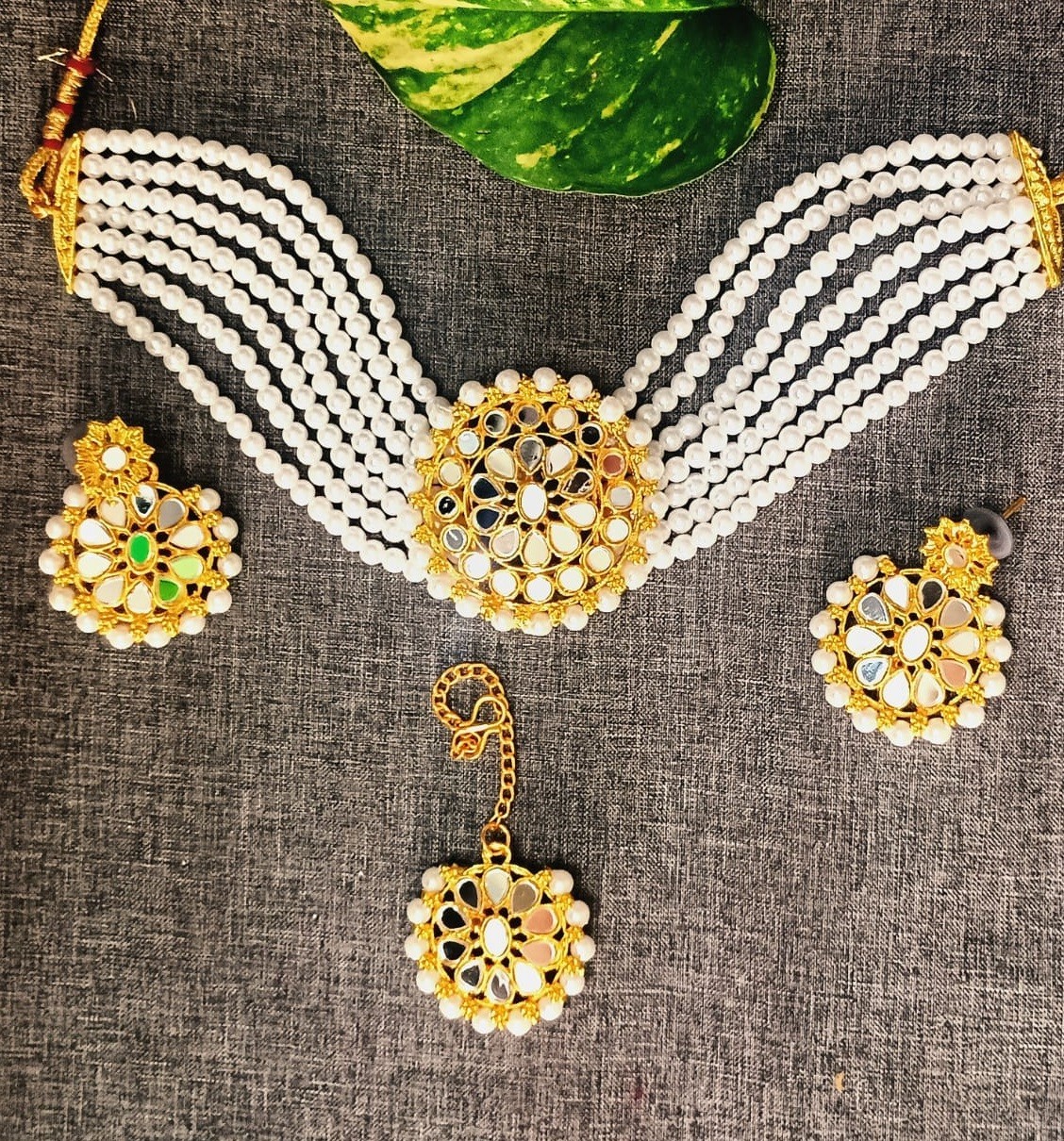 JAYWAR Pearl Mirror Work Choker Set Bridal Wedding Ethnic Jewelry with Tikka