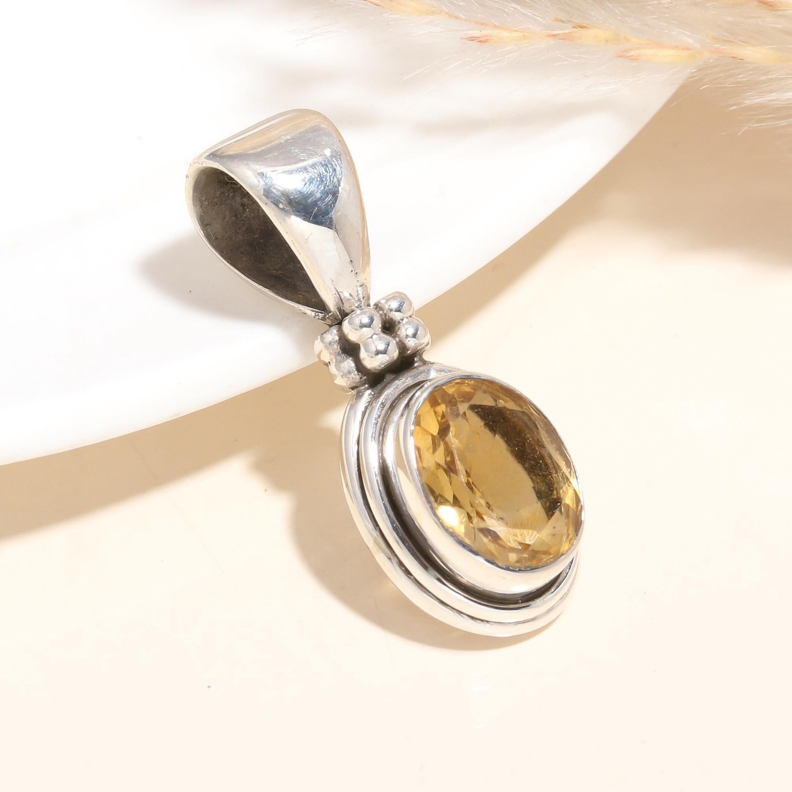 925 Sterling Silver Oval Yellow Citrine Gemstone Bali Style Women Pendant
