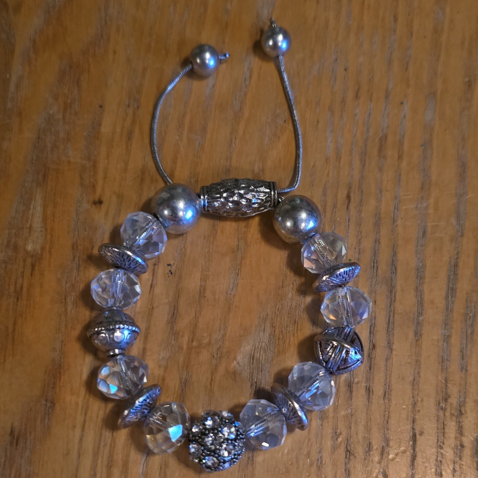 Silver Tone Clear Crystal Round Beaded Bracelet Adjustable Bolo Closure