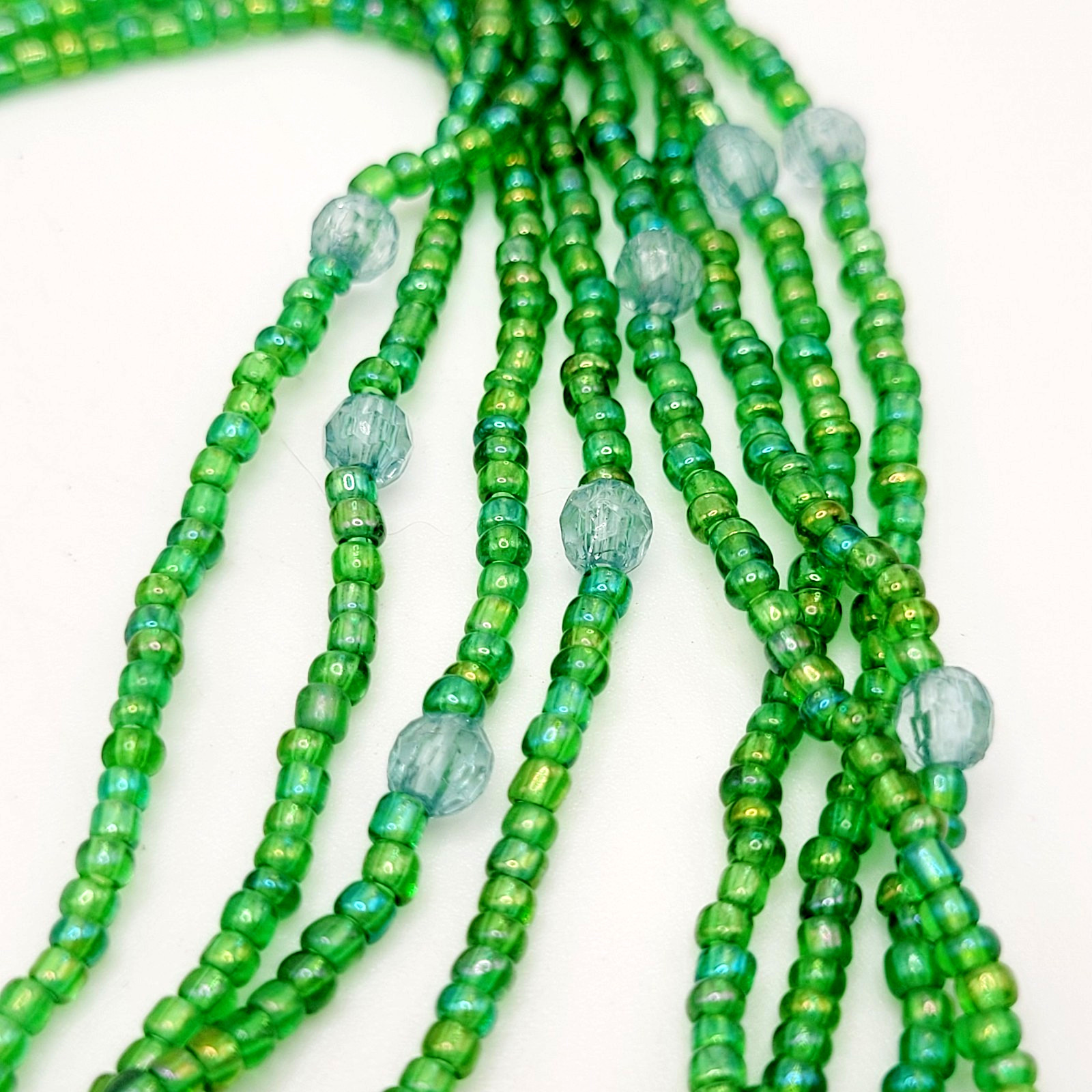 Green Art Glass Pendant Iridescent Seed Bead Multi Strand Necklace Vtg Y2K Era