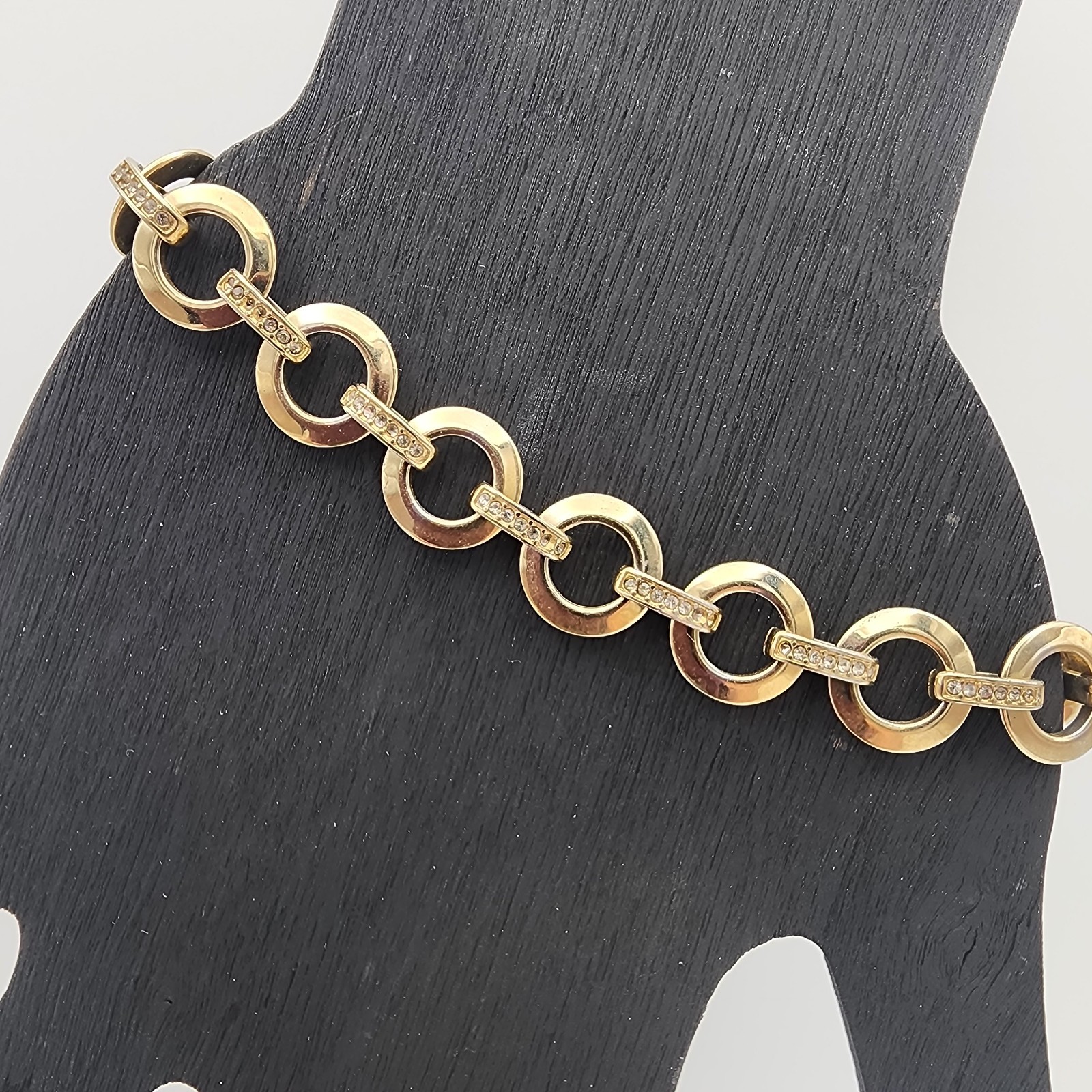 Fossil Circle Bar Link Bracelet 7.5″ Gold Toned Stainless Steel Crystal Pave GUC