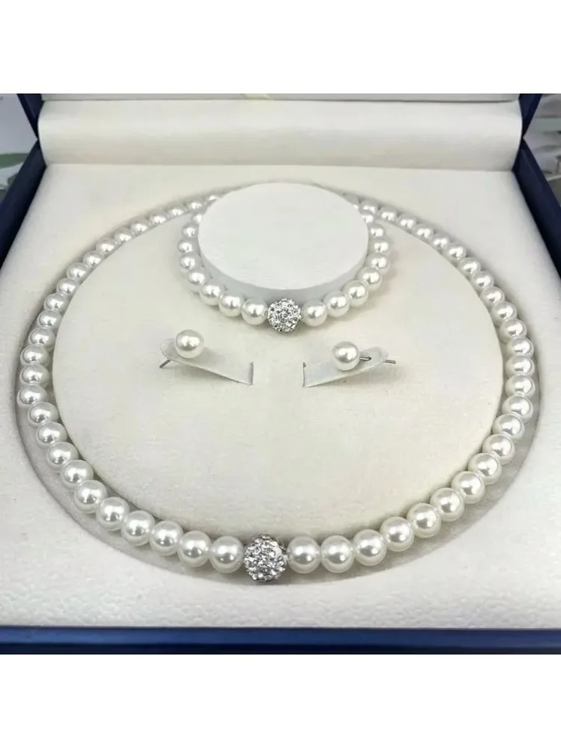 3 PCS Imitation Pearl Fireball Necklace Bracelet Earring Stud Jewelry Set Silver