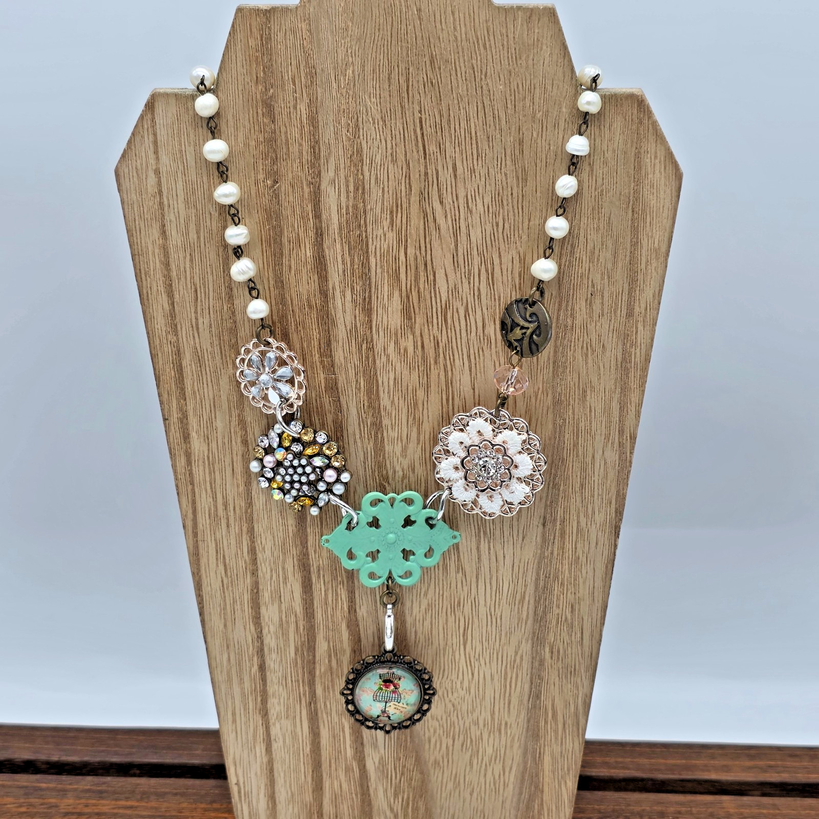 Plunder MARY Antique Bronze Pearl Crystal Flower Dress Mannequin Necklace 20”