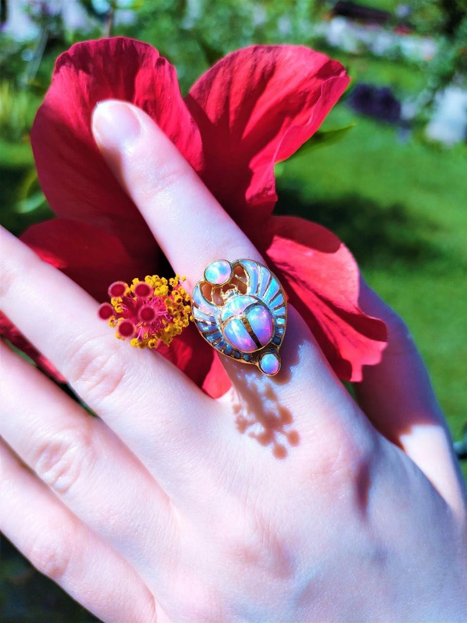 Opal Pinky Gold Scarab Ring, Egyptian Talisman, Adjustable Ring