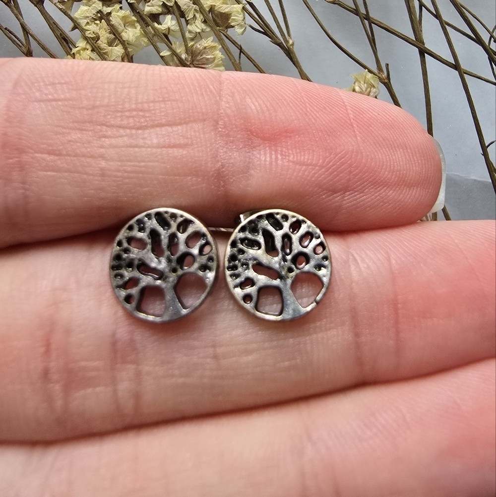 Tree of Life Stud Earrings | Silver Tone Botanical Earrings | Minimalist Nature