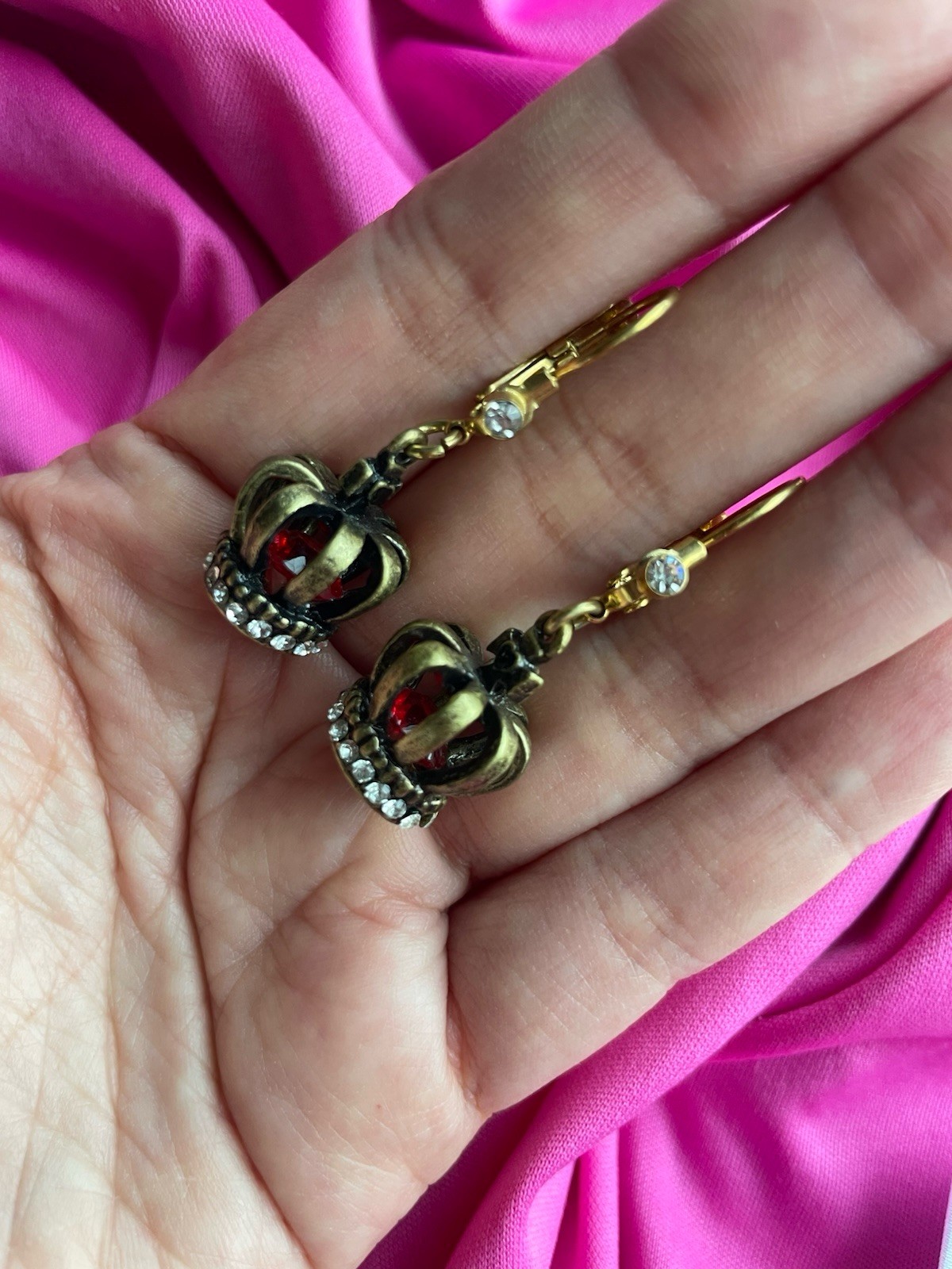 Betsey Johnson Vintage Royal Engagement Red Ruby Bronze Crown Jewel Earrings