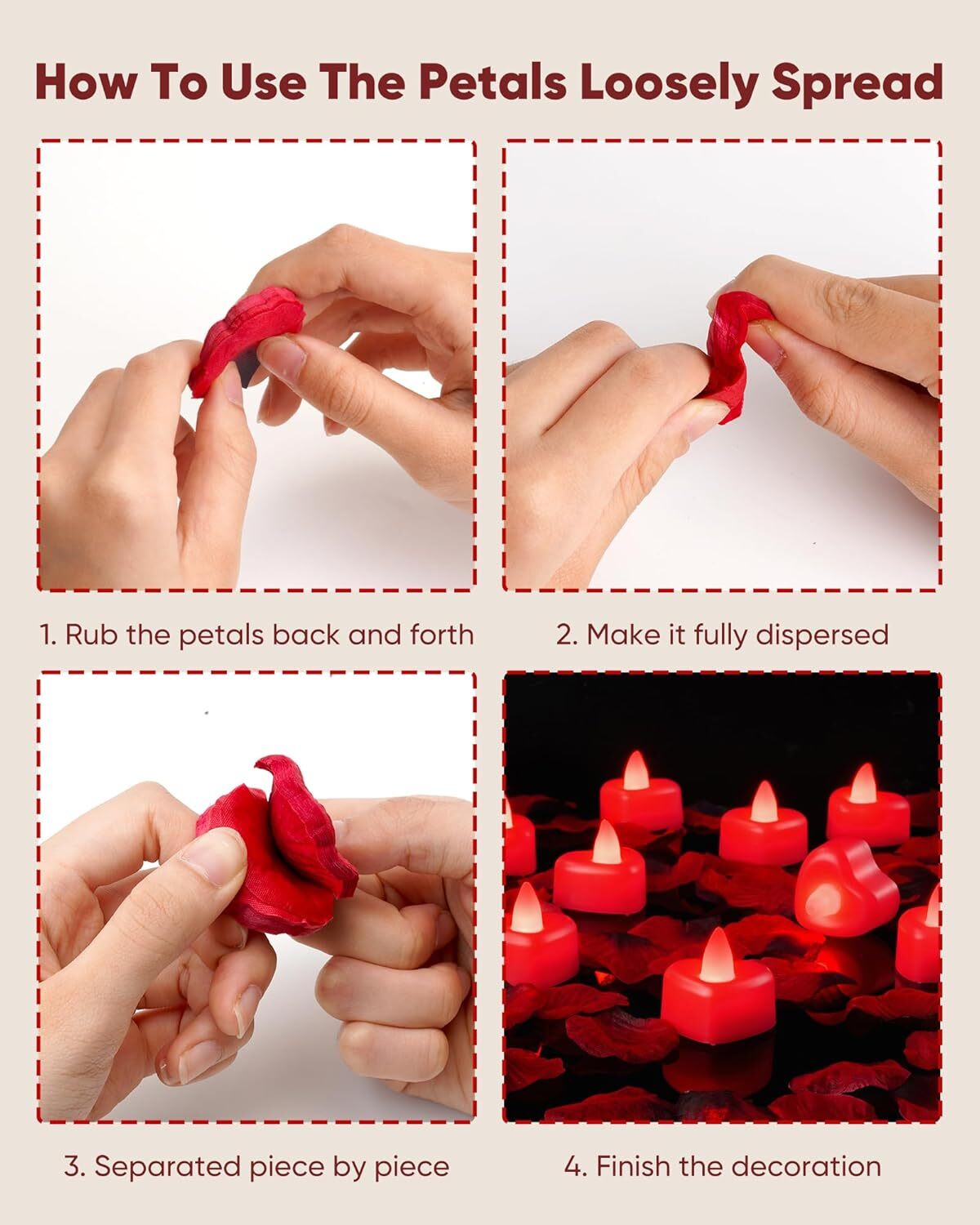 Valewntines Day Decor 1000 Pieces Red Artificial Rose Petals 12 Heart LED Lights