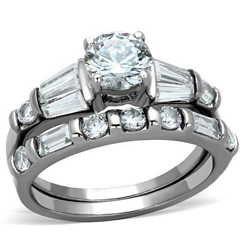 Round and Baguette Cut CZ Wedding Set Stainless Steel TK316