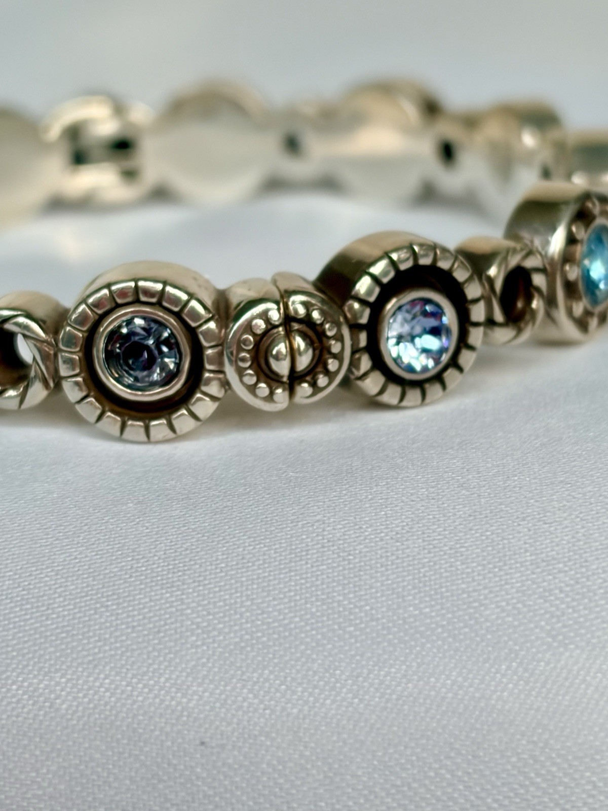 Brighton Halo Burst Hinged Bangle Bracelet Silver Plated Blue Purple Stones 2.5″