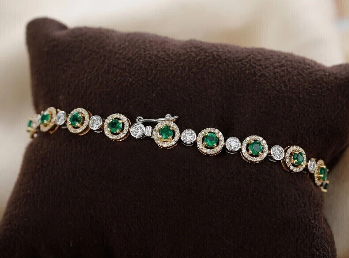 Simulated Green Emerald & Diamond 7″ Tennis Bracelet In 14K Two Tone Gold Plated