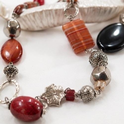 Boho Mixed Media Statement Necklace Orange Black Silver Beaded Chunky Long Line