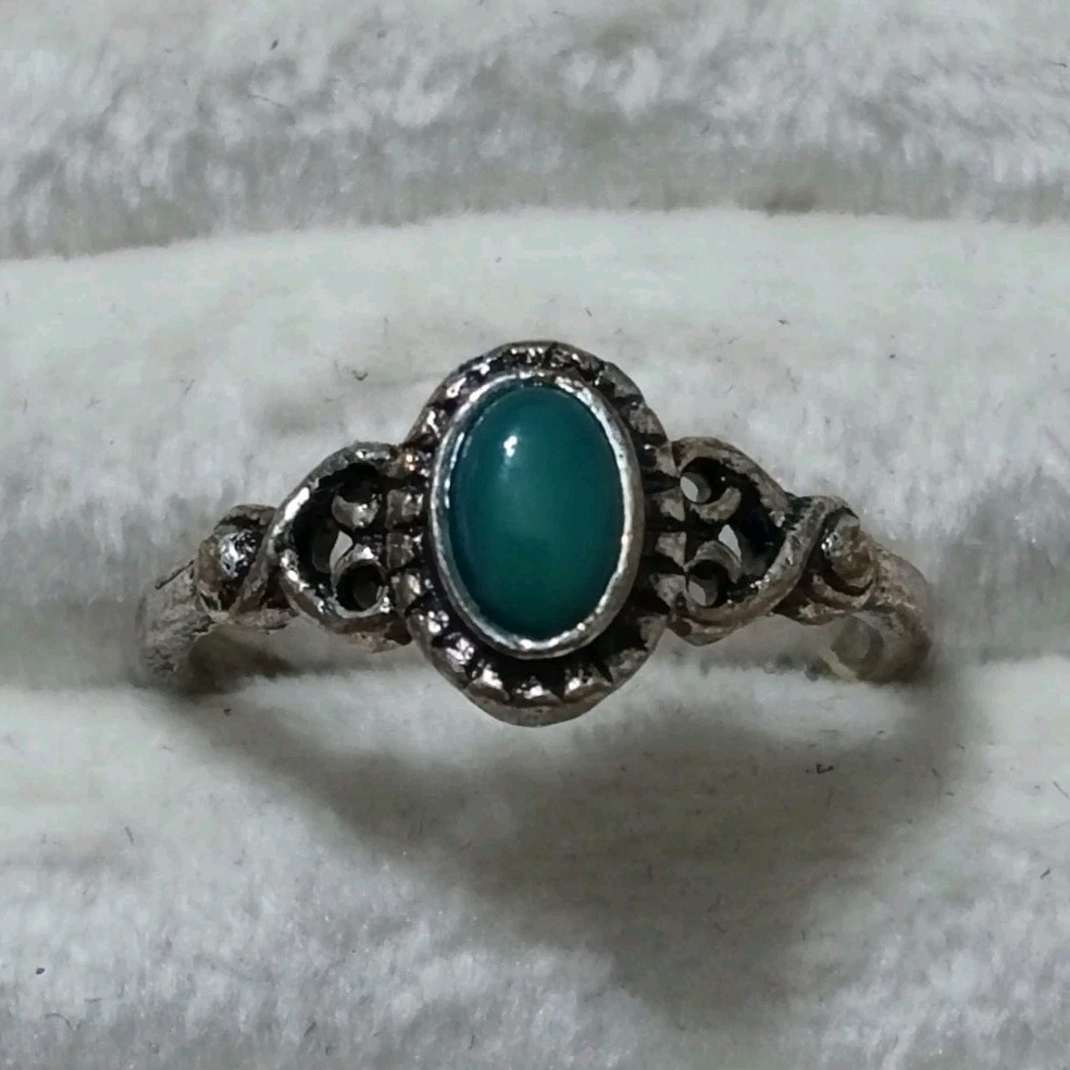 oldstock Silver Tone Bezel Set Oval Turquoise Stone Band Ring Size 8, 1 Gemstone