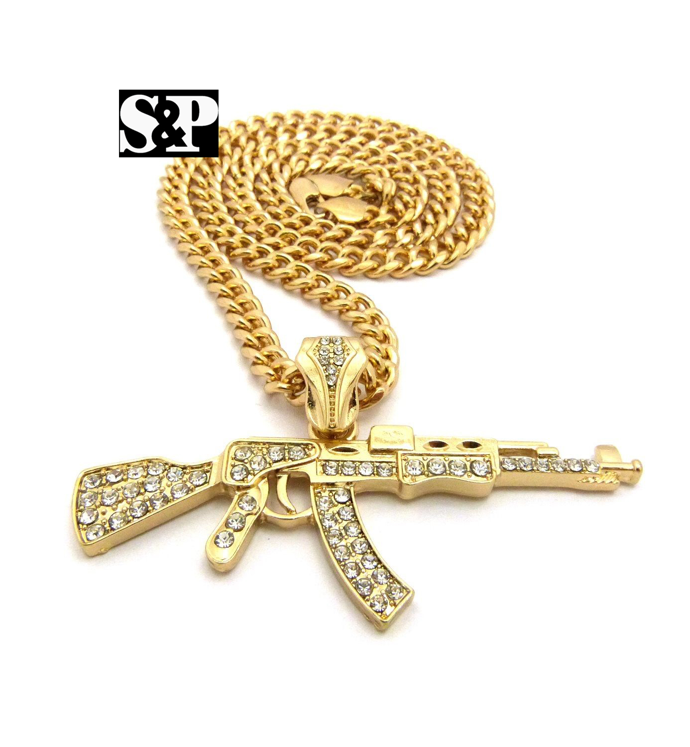 Gold Plated Alloy Cubic Zirconia AK47 Machine Gun Charm 24″ Cuban Chain Necklace