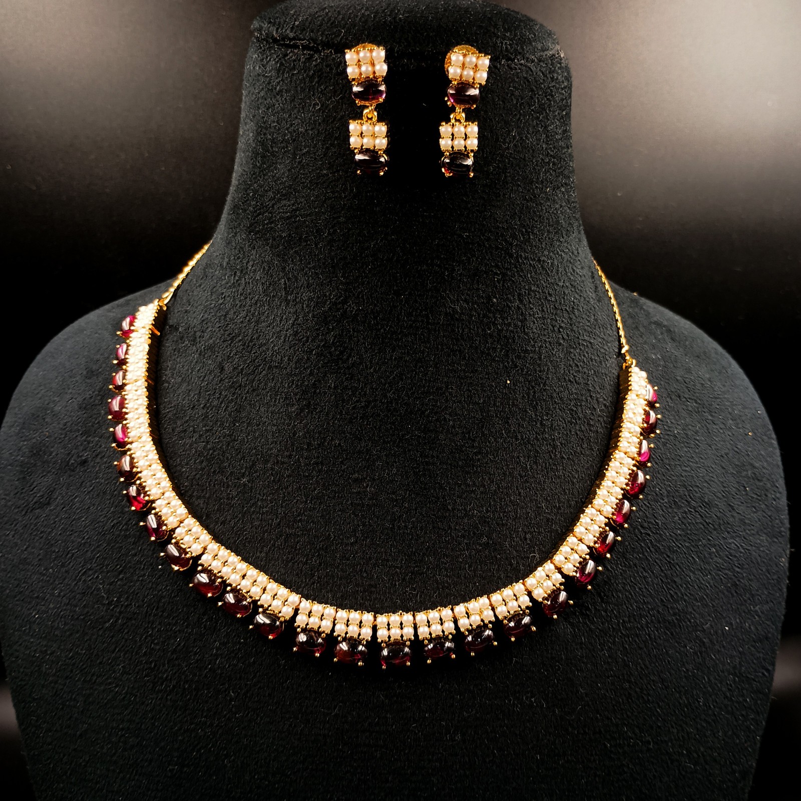 Garnet and Pearl Necklace Set 22k Gold Plated Traditional Ethnic Jewelry