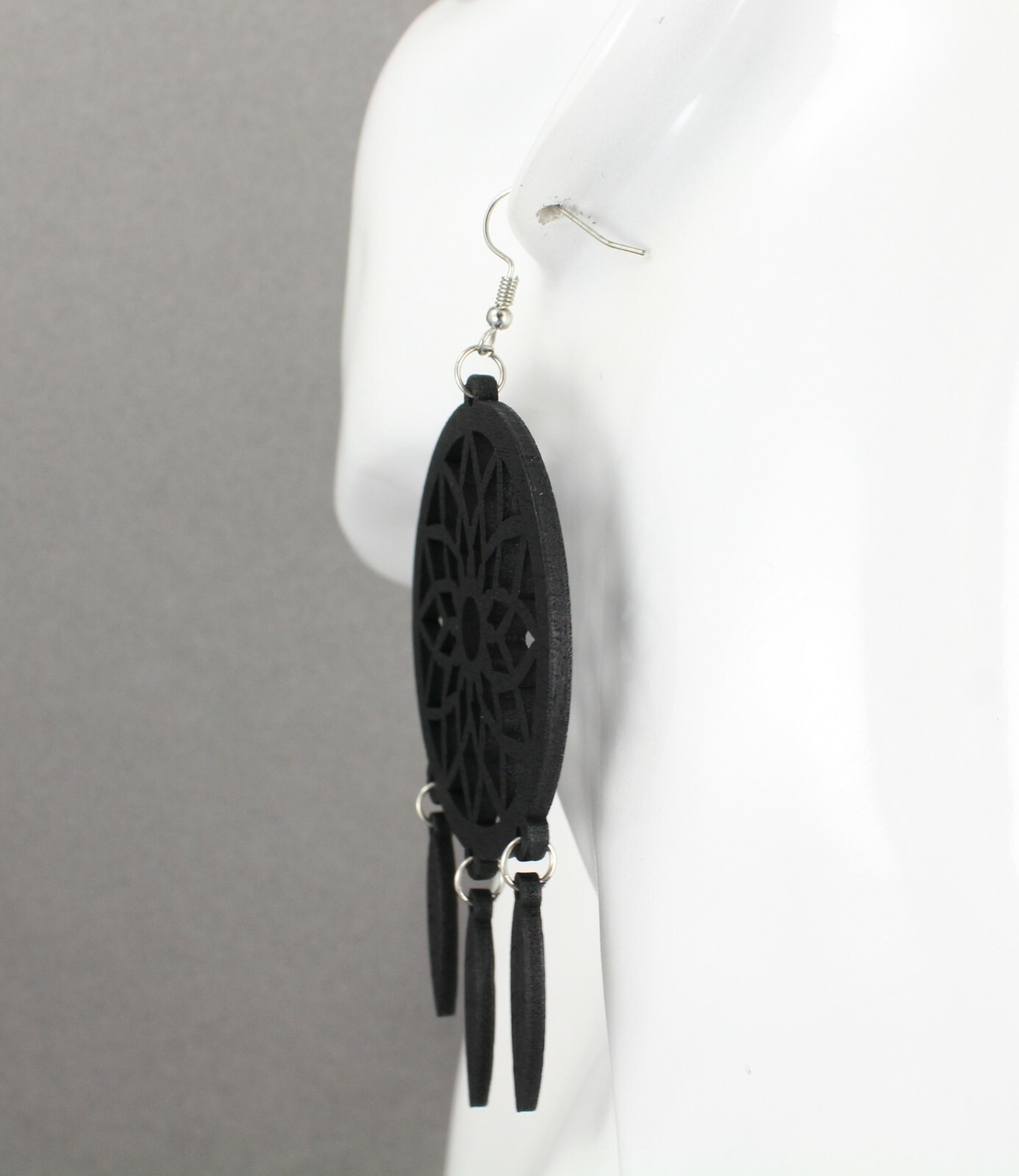 Black wood dream catcher feather earrings big lightweight leaf 4.25″ long