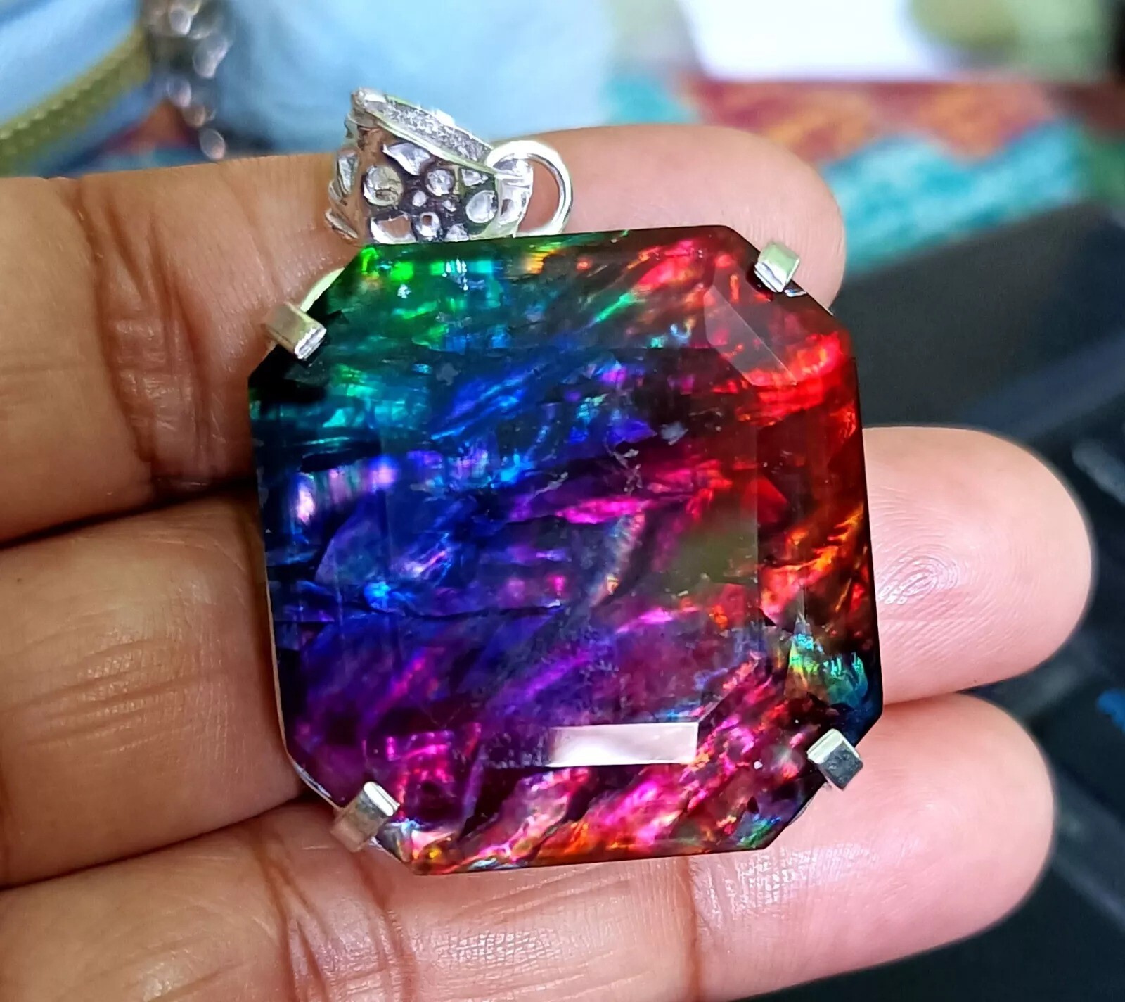 Ammolite Natural Pendant 90.24 Ct Loose Gemstone Asscher Cut 925 Sterling Silver