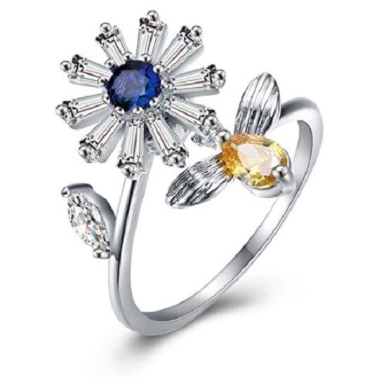Adjustable Anti-Anxiety Open Flower and Bee Spinning Ring Rotatable Calming ADHD