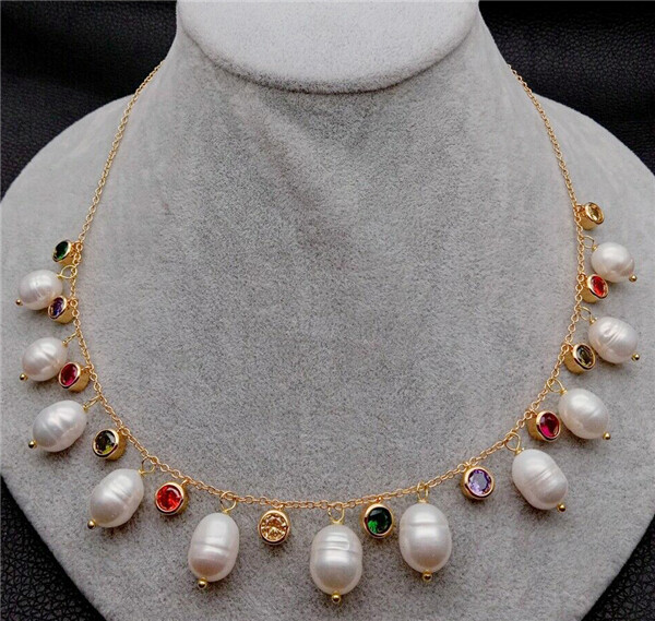 Cultured White Rice Freshwater Pearl pendant colorful Cz pave Chain Necklace