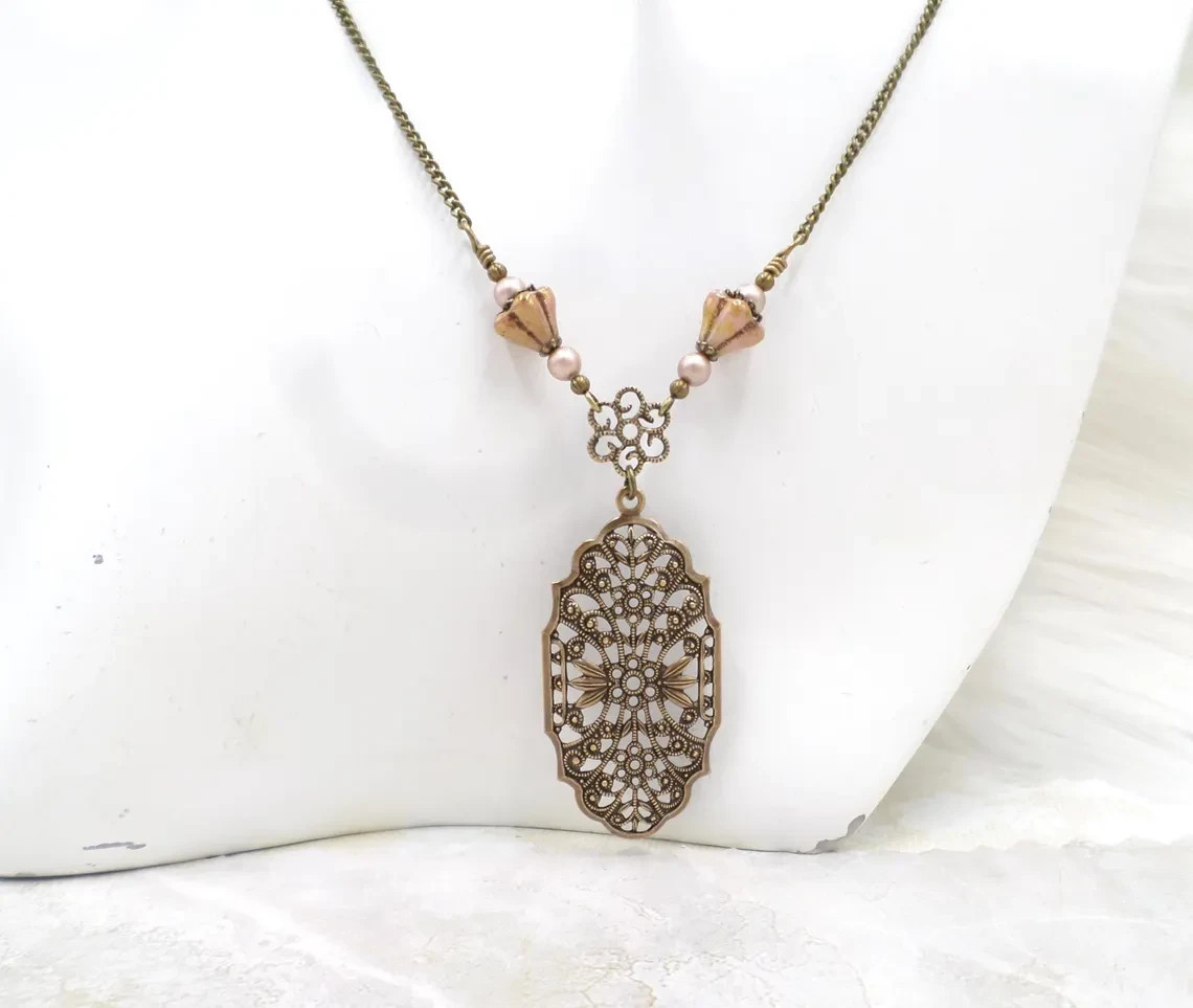 Victorian Style Brass Filigree Blush Pink Flower & Pearl Necklace Set