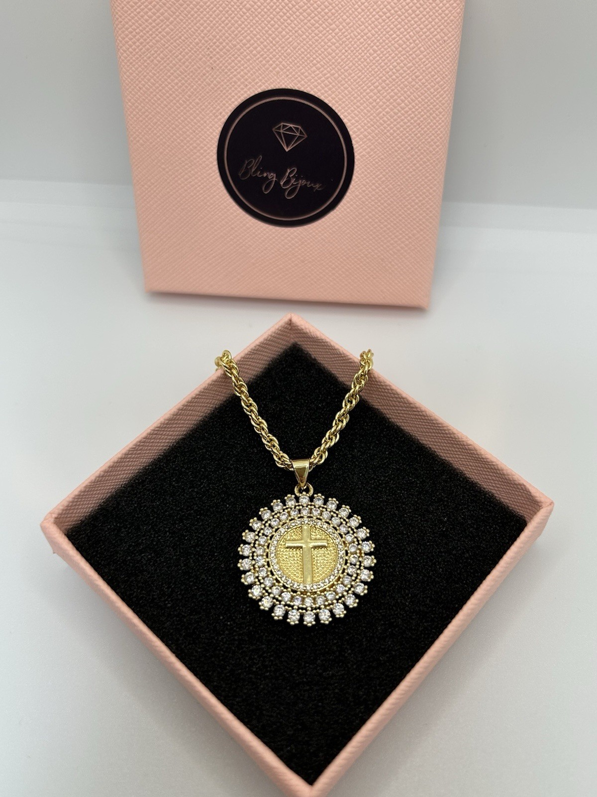 9ct GF Round Medallion Cross Pendant Necklace – 55cm (22”) 9K Gold Filled CZ
