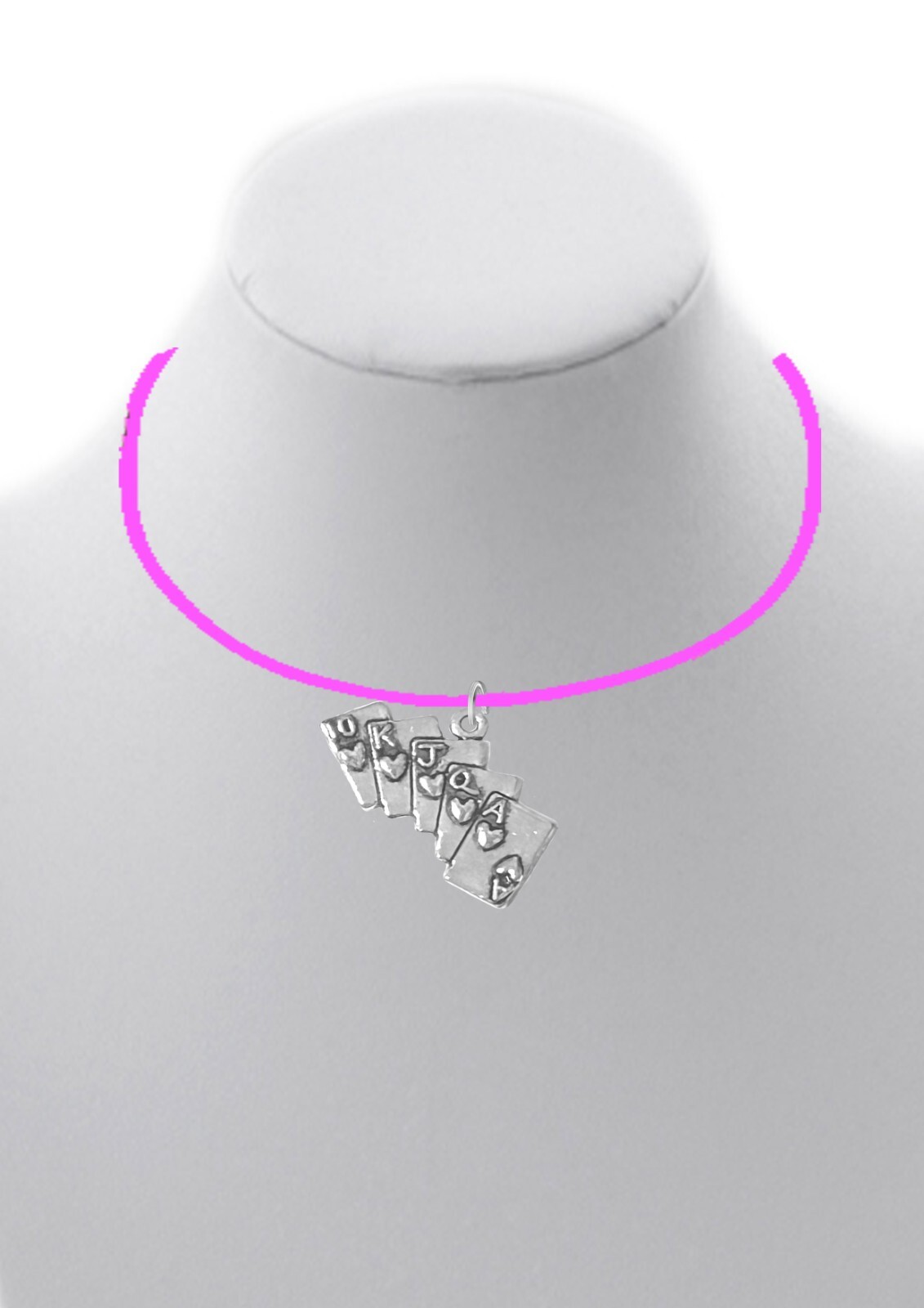ch10 poker royal flush silver tone PENDENT ON A PINK CORD Necklace