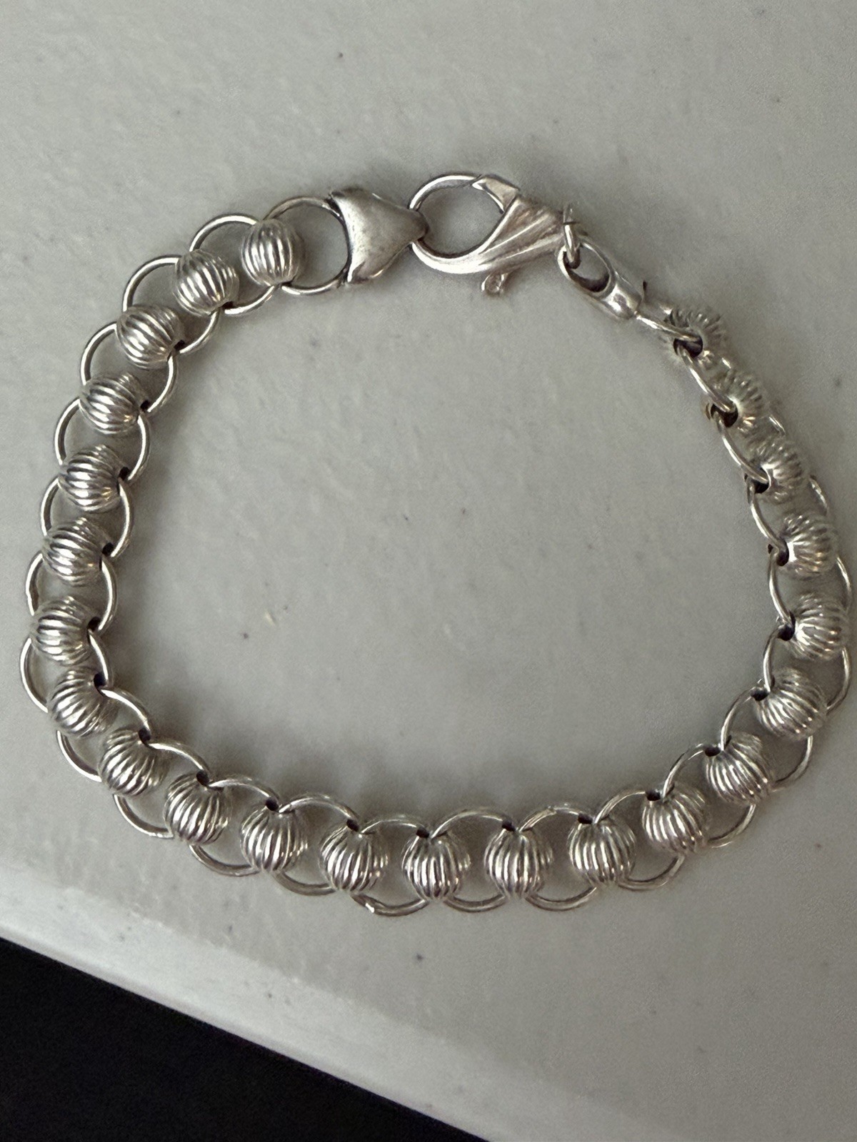 Sterling Silver 925 Ridged Ball Bead Link Bracelet 6.5 Inches Lobster Claw