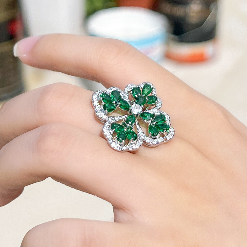 Silver Plated Blue CZ Crystal Flower Statement Women Chunky Flower Party Ring