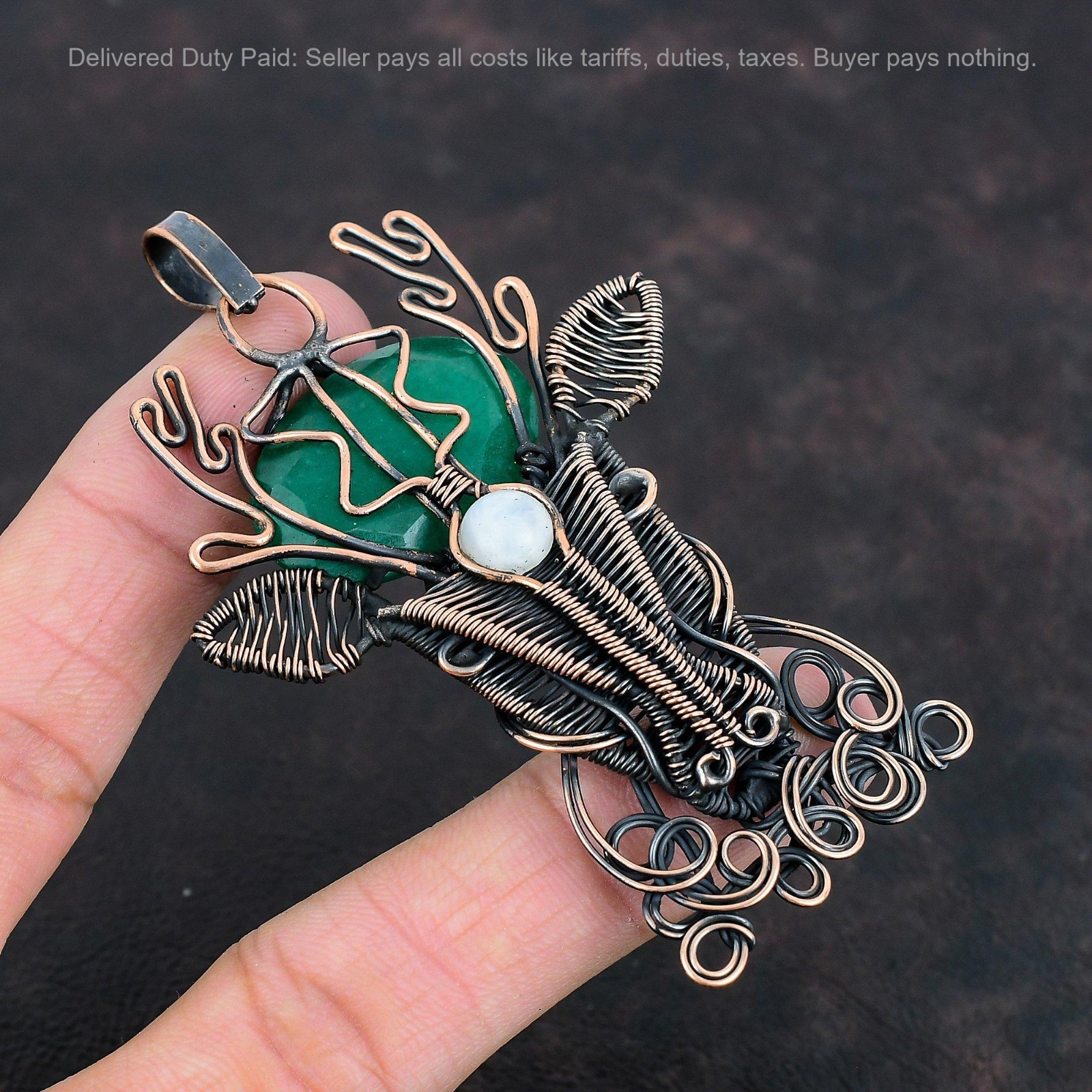 Zambian Emrald Gemstone Rainbow Moonstone Copper Wire Wrapped Deer Face Pendant
